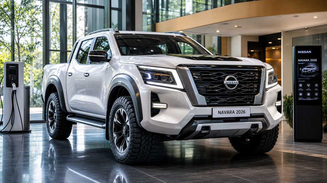 Picape Nissan Navara 2026 branca exibida em showroom com estação de recarga ao lado.