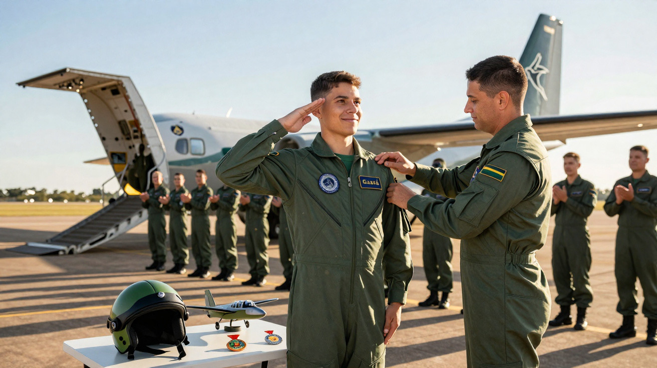 Militar recebendo condecoração de oficial em cerimônia na pista de pouso com avião ao fundo.