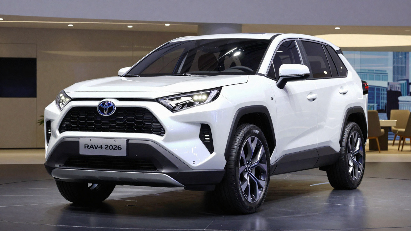 SUV branco modelo Toyota RAV4 2026 exposto em ambiente interno moderno.