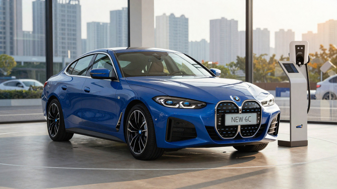 Carro elétrico azul BMW 4G estacionado ao lado de estação de recarga em showroom moderno.