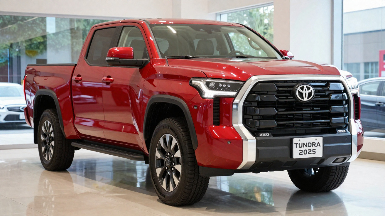 Picape Toyota Tundra 2025 vermelha estacionada em showroom com teto branco e grandes janelas.