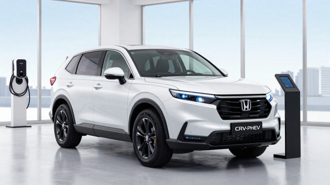 SUV branco Honda CRV-PHEV estacionado em ambiente moderno com carregador elétrico ao lado.