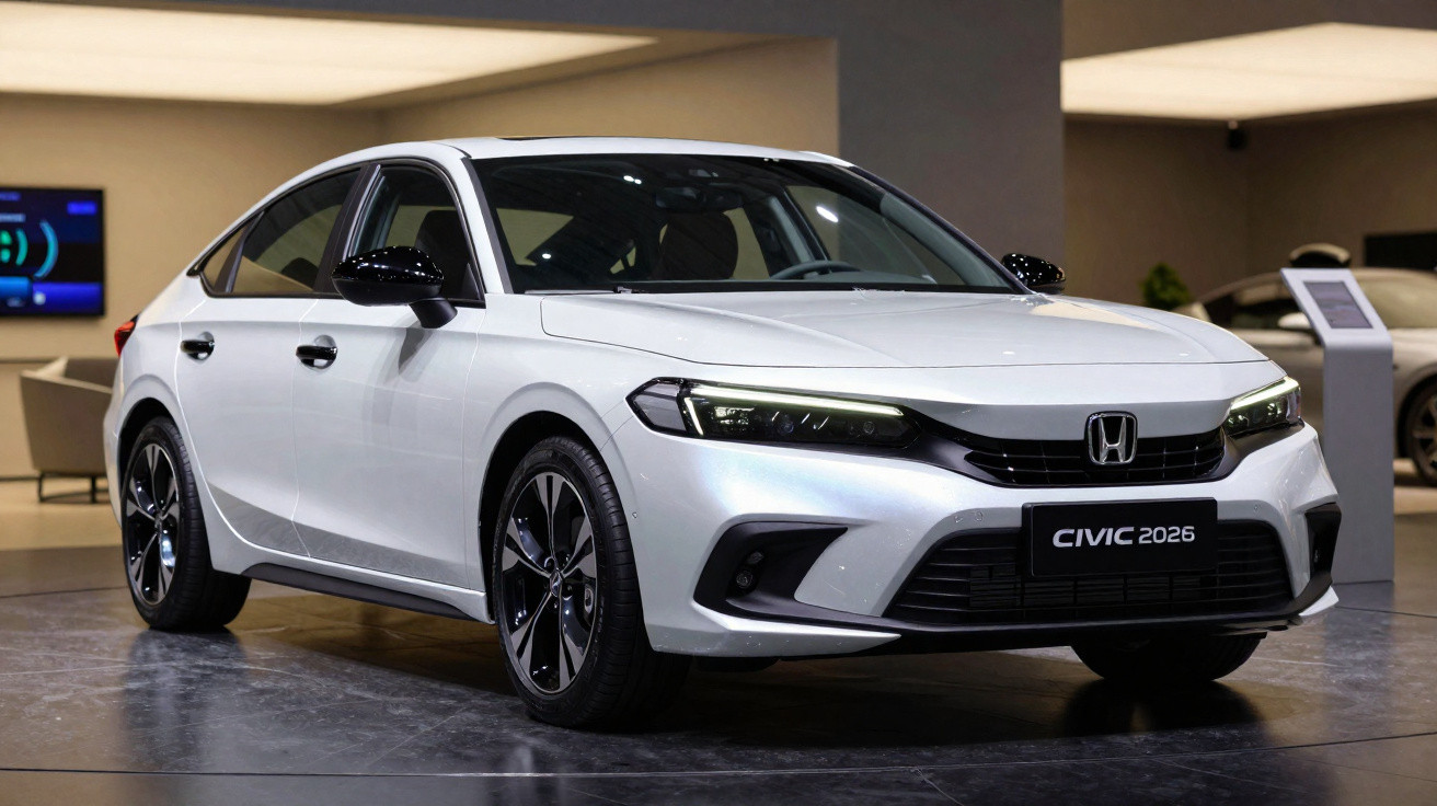 Carro sedan branco Honda Civic 2026 exibido em showroom moderno com iluminação ambiente