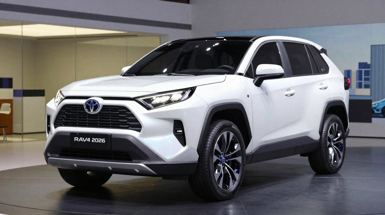 Carro SUV branco Toyota RAV4 2026 exposto em ambiente interno moderno.