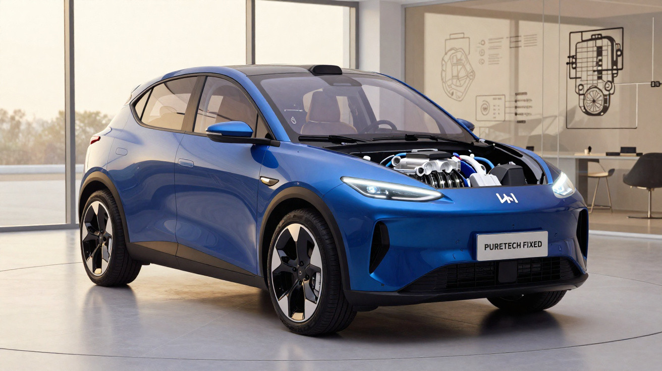 Carro azul elétrico em sala moderna com capô aberto mostrando motor interno detalhado.