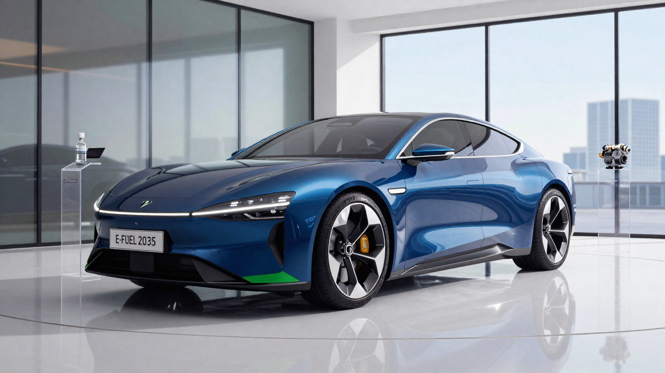 Carro esportivo elétrico azul metálico exibido em showroom moderno com piso branco e grandes janelas de vidro.