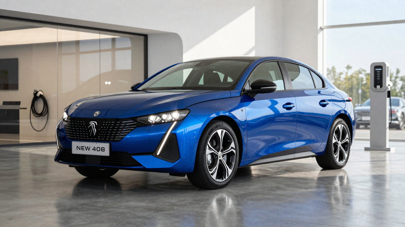 Carro Peugeot 408 azul elétrico estacionado em showroom moderno com carregador ao fundo.