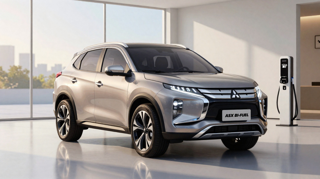 SUV prata Mitsubishi ASX Bi-Fuel em ambiente interno moderno com carregador elétrico ao fundo.