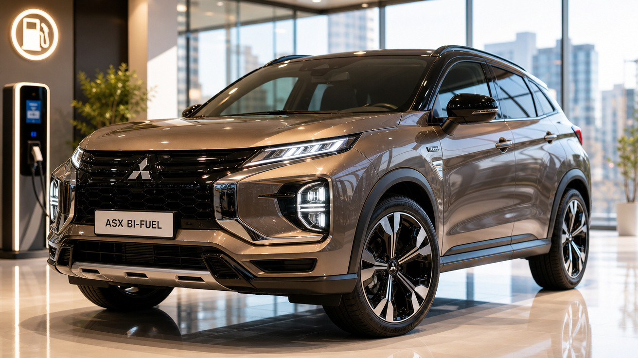 SUV Mitsubishi ASX Bi-Fuel marrom exibido em showroom moderno com detalhes em vidro e iluminação natural.