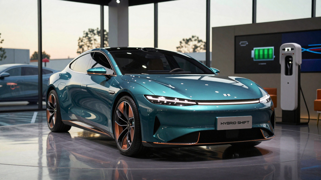 Carro elétrico esportivo verde metálico exibido em showroom moderno com estação de recarga ao fundo.