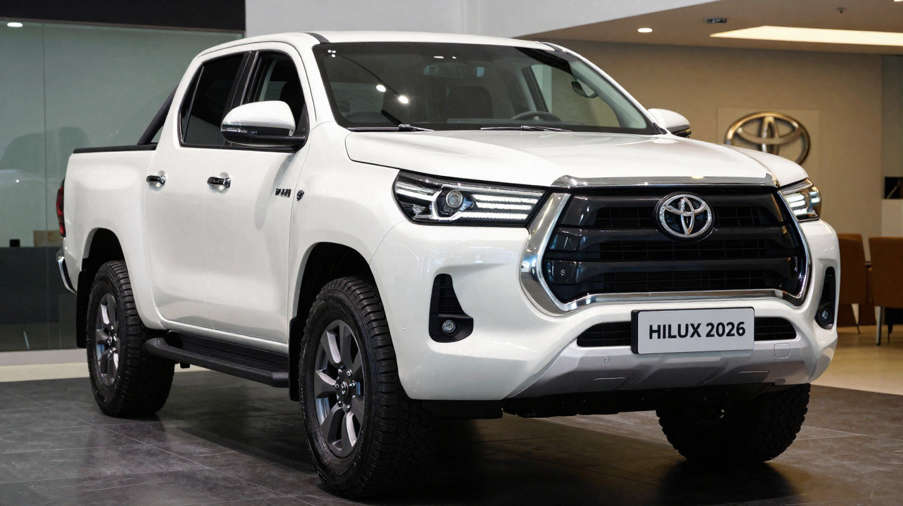 Picape branca Toyota Hilux 2026 exibida em showroom com detalhes modernos e robustos.