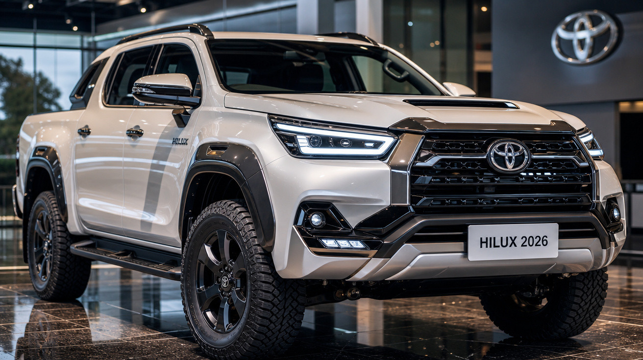Picape Toyota Hilux 2026 branca exibida em showroom moderno com faróis e rodas pretas robustas.