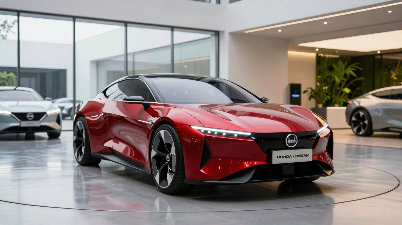 Carro esportivo elétrico vermelho da colaboração Honda e Nissan em exposição interna moderna.
