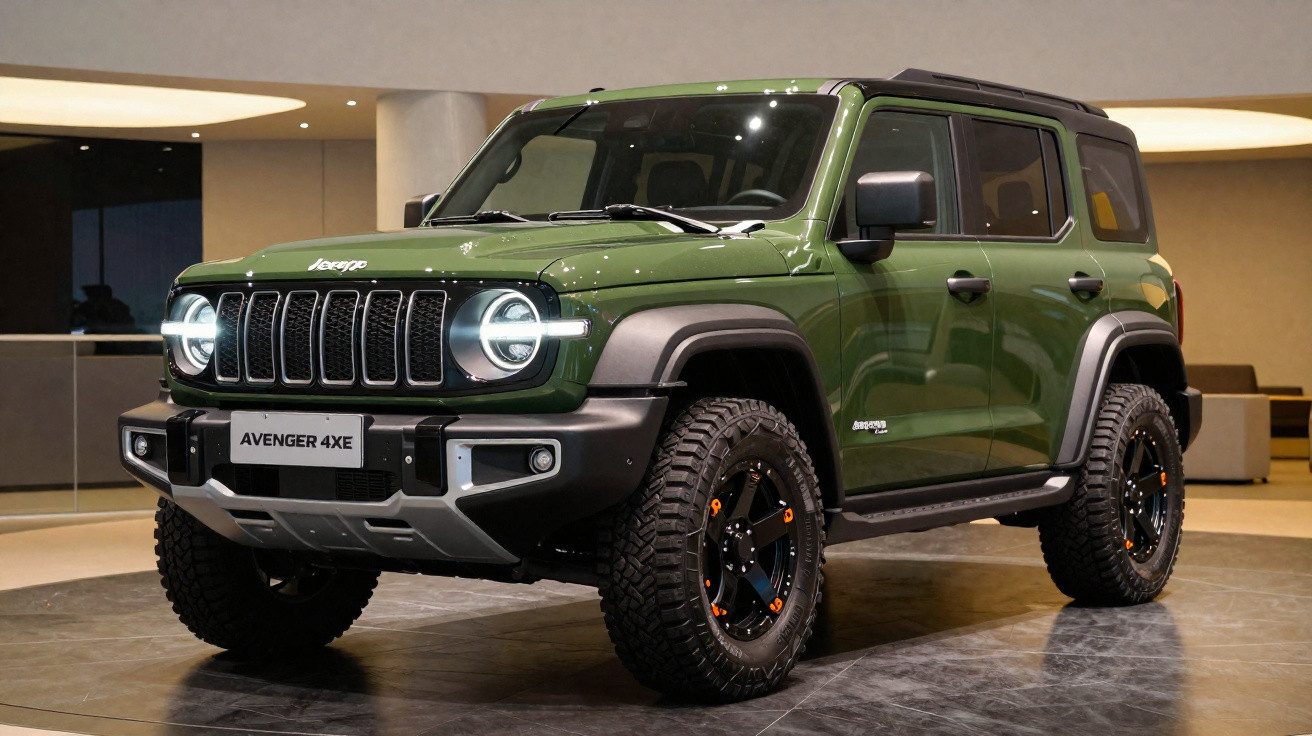 SUV Jeep Avenger 4XE verde com faróis redondos acesos exibido em ambiente interno.