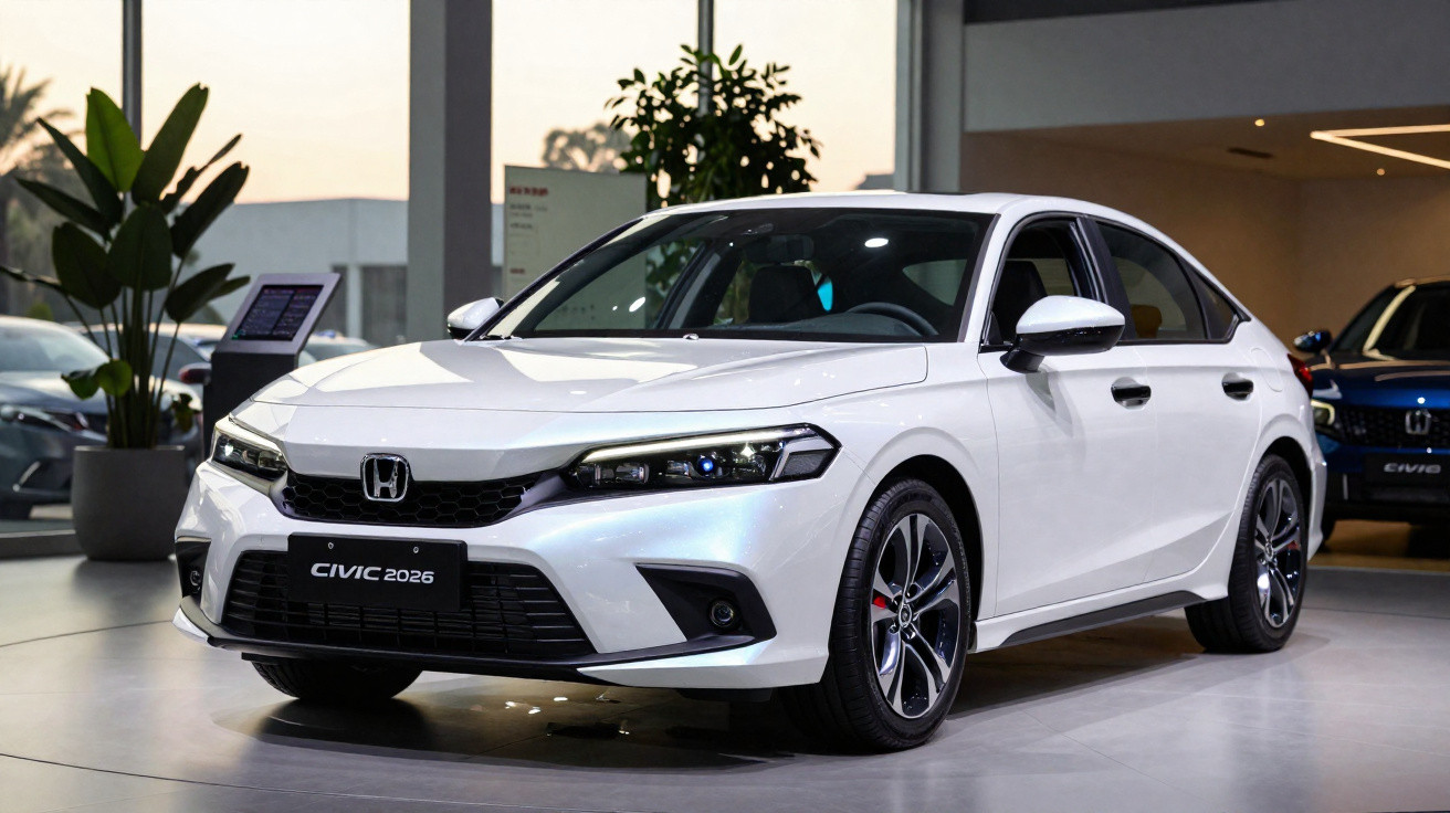 Carro branco Honda Civic 2026 exibido em showroom moderno com plantas ao fundo.