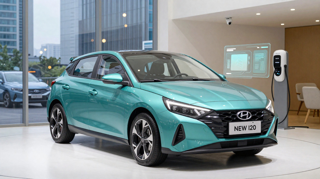 Carro Hyundai New i20 verde em exposição dentro de showroom moderno com estação de recarga elétrica ao fundo.