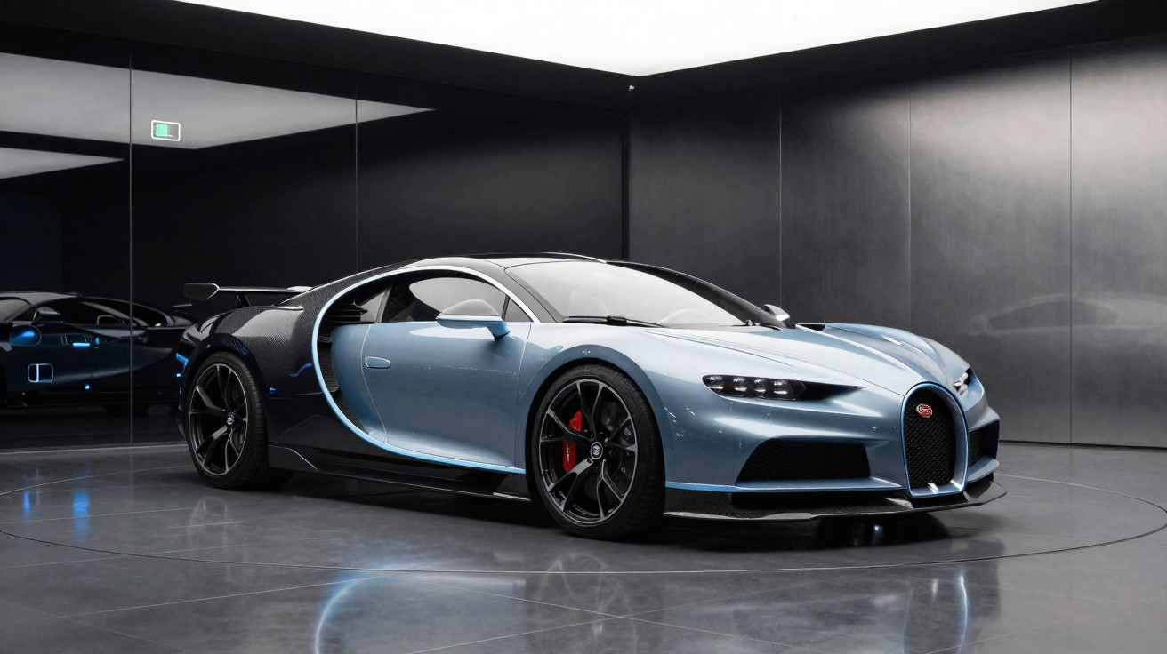 Carro esportivo Bugatti Chiron azul com detalhes em preto, em ambiente interno moderno e minimalista.