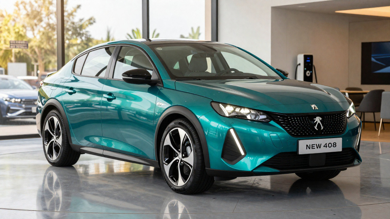 Carro Peugeot modelo 408 na cor verde, exibido em showroom moderno com piso brilhante.
