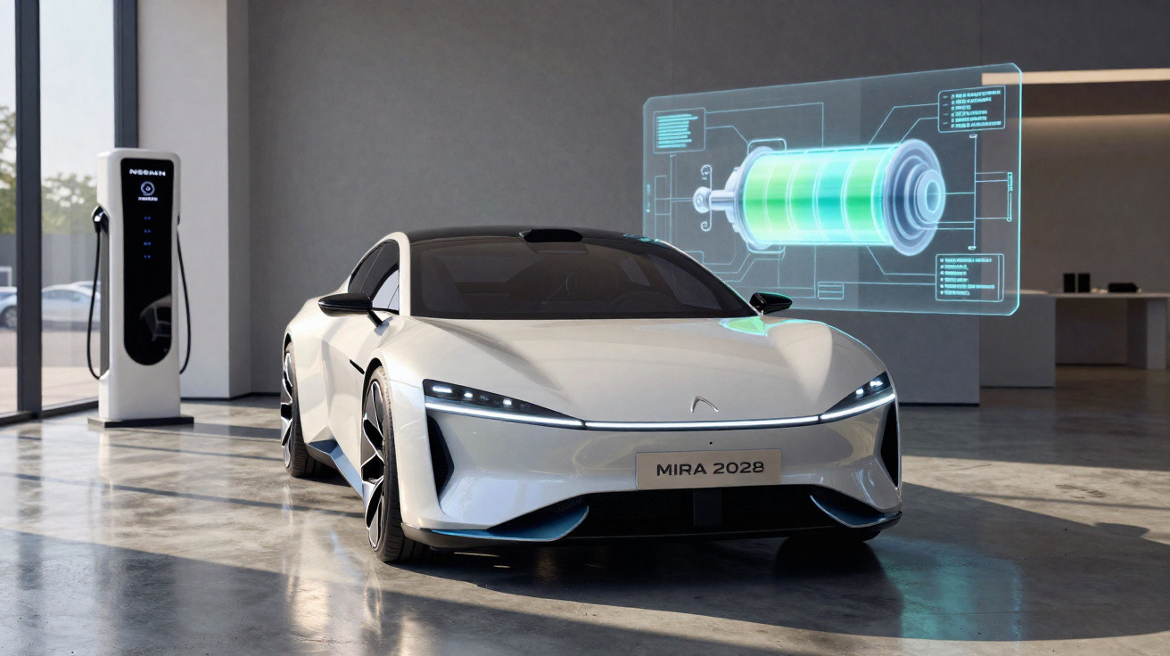 Carro elétrico conceito branco com placa MIRA 2028 em ambiente moderno com carregador e projeção 3D de bateria.