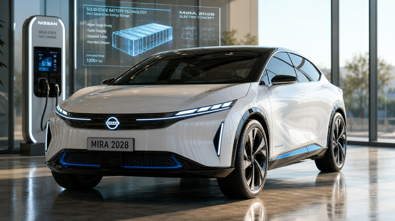 Carro elétrico conceitual Nissan Mira 2028 branco em showroom com estação de carregamento rápida ao fundo.