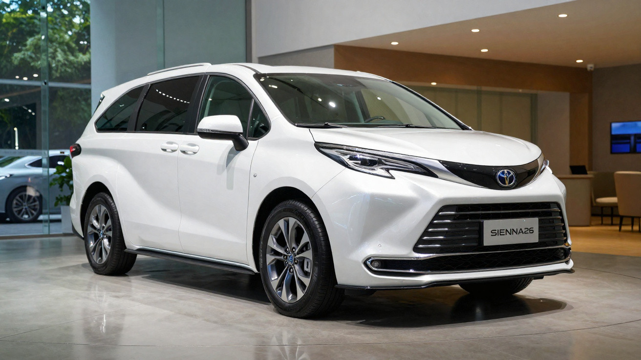 Veículo Toyota Sienna branco estacionado em ambiente interno moderno e iluminado.