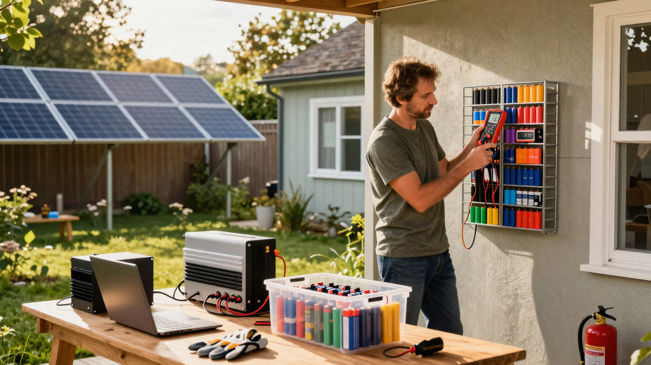 Homem verificando sistema de baterias solares em casa com painéis solares no jardim ao fundo.