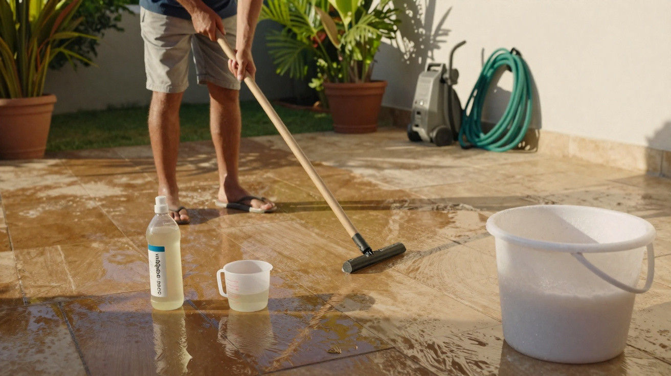 Pessoa limpando chão externo com rodo, ao lado de balde branco, regador e produto de limpeza.
