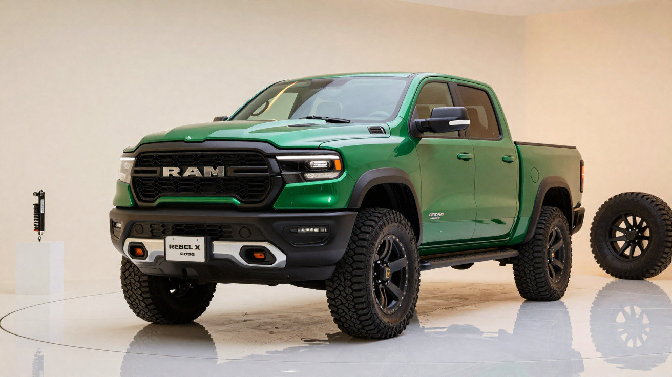 Pick-up verde RAM Rebel X 9000 em estúdio com pneu reserva ao fundo.