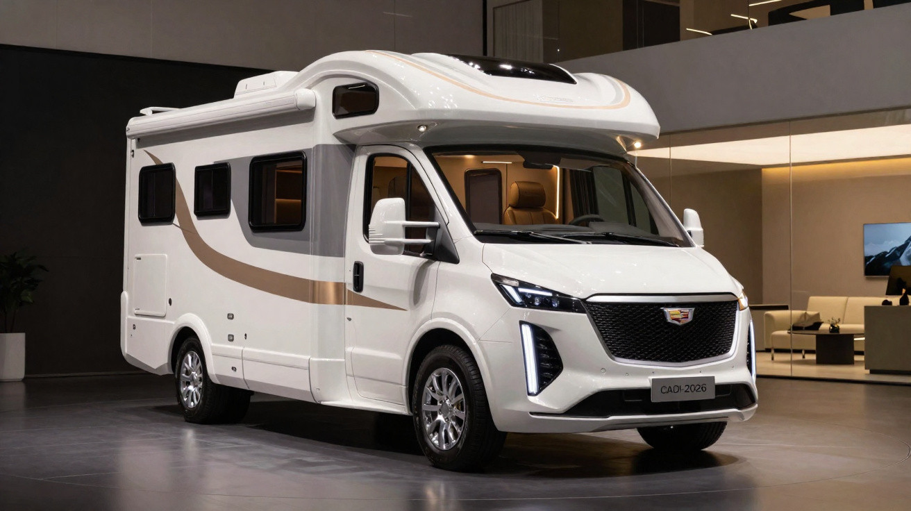 Motorhome branco moderno com detalhes em marrom, em ambiente interno iluminado.