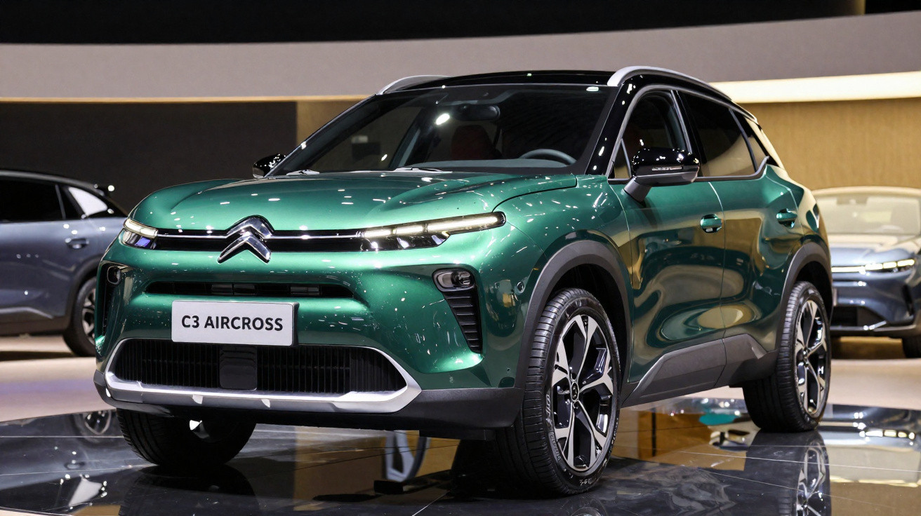 SUV Citroën C3 Aircross verde em exposição em salão automotivo, vista frontal e lateral direita.