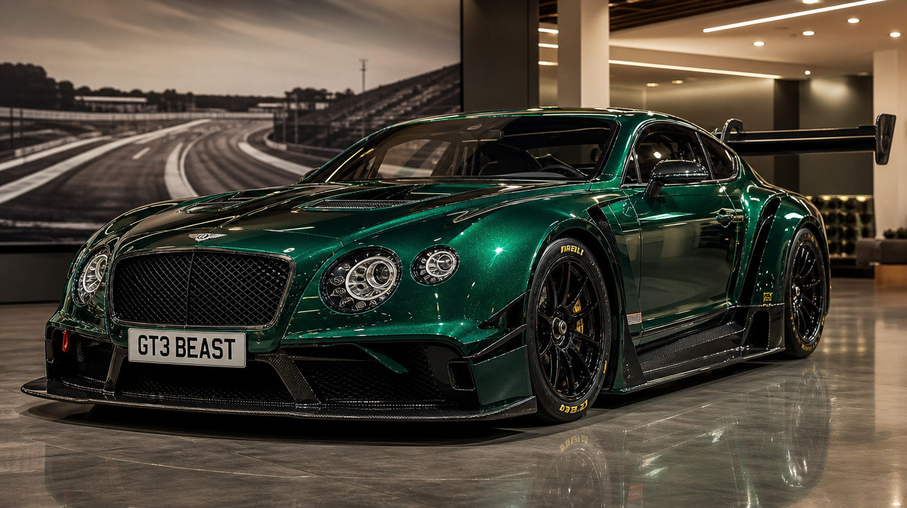 Carro esportivo Bentley verde metálico GT3 BEAST em showroom com iluminação moderna e piso refletivo.