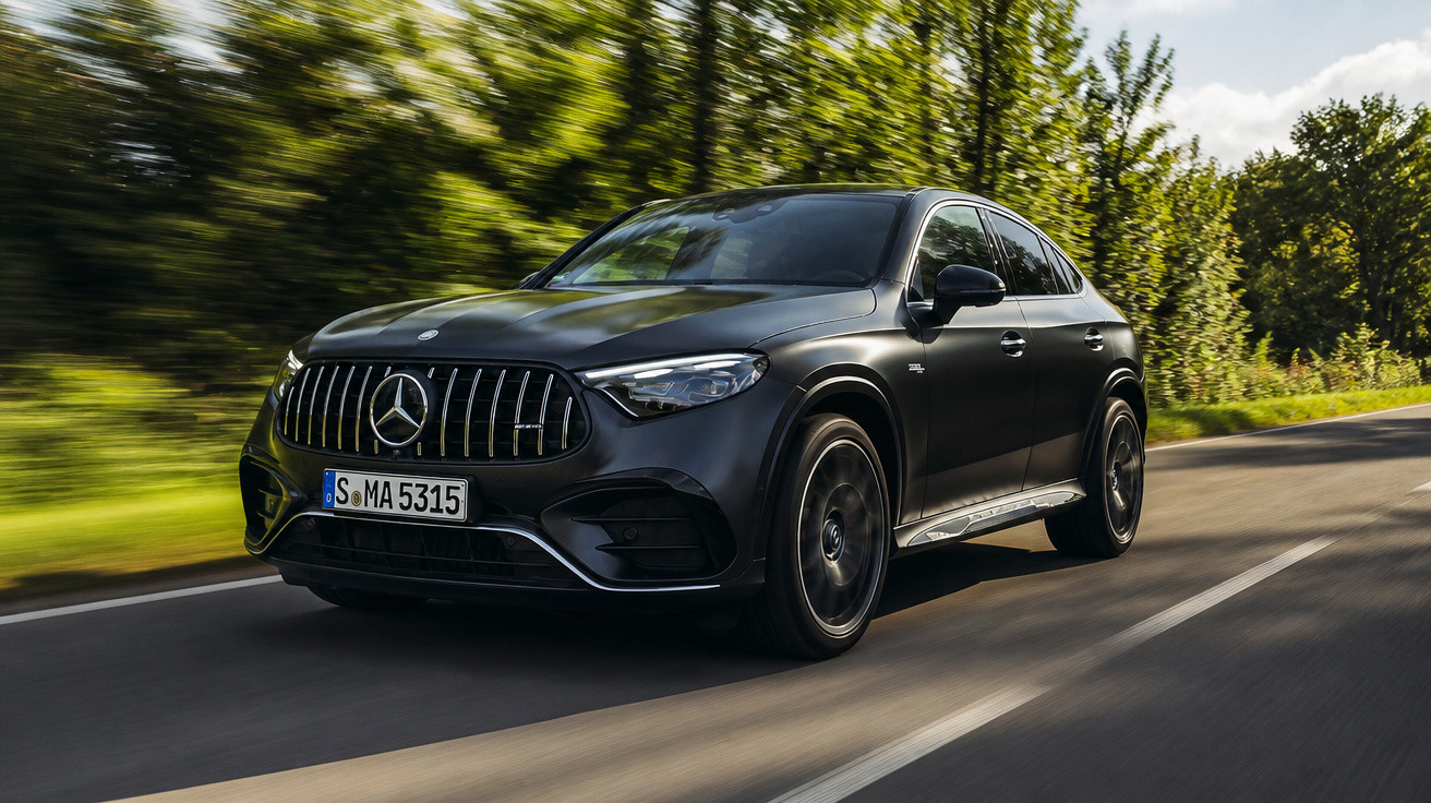 Carro SUV Mercedes-Benz preto andando em estrada cercada por árvores em dia ensolarado.