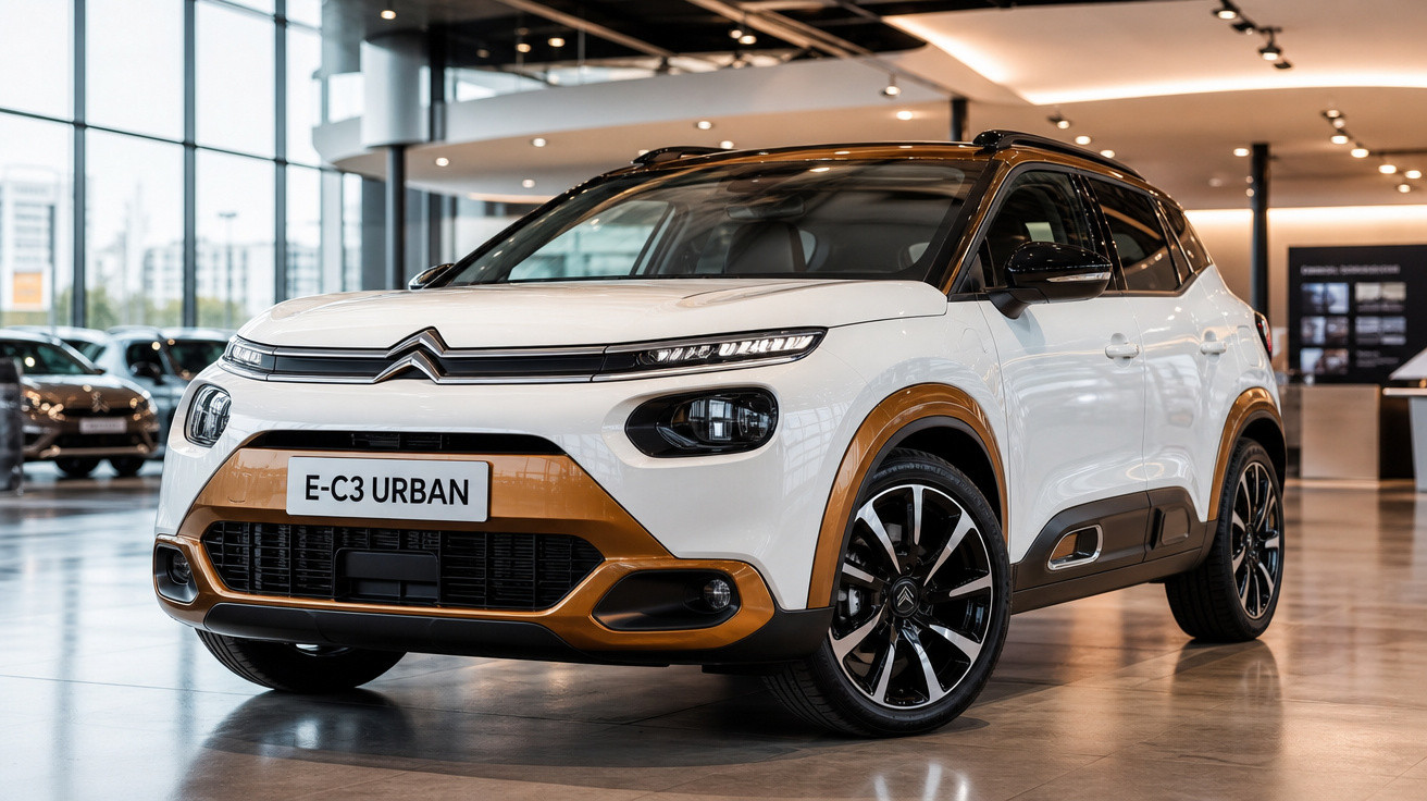Carro Citroën E-C3 Urban branco com detalhes dourados em showroom moderno e iluminado.