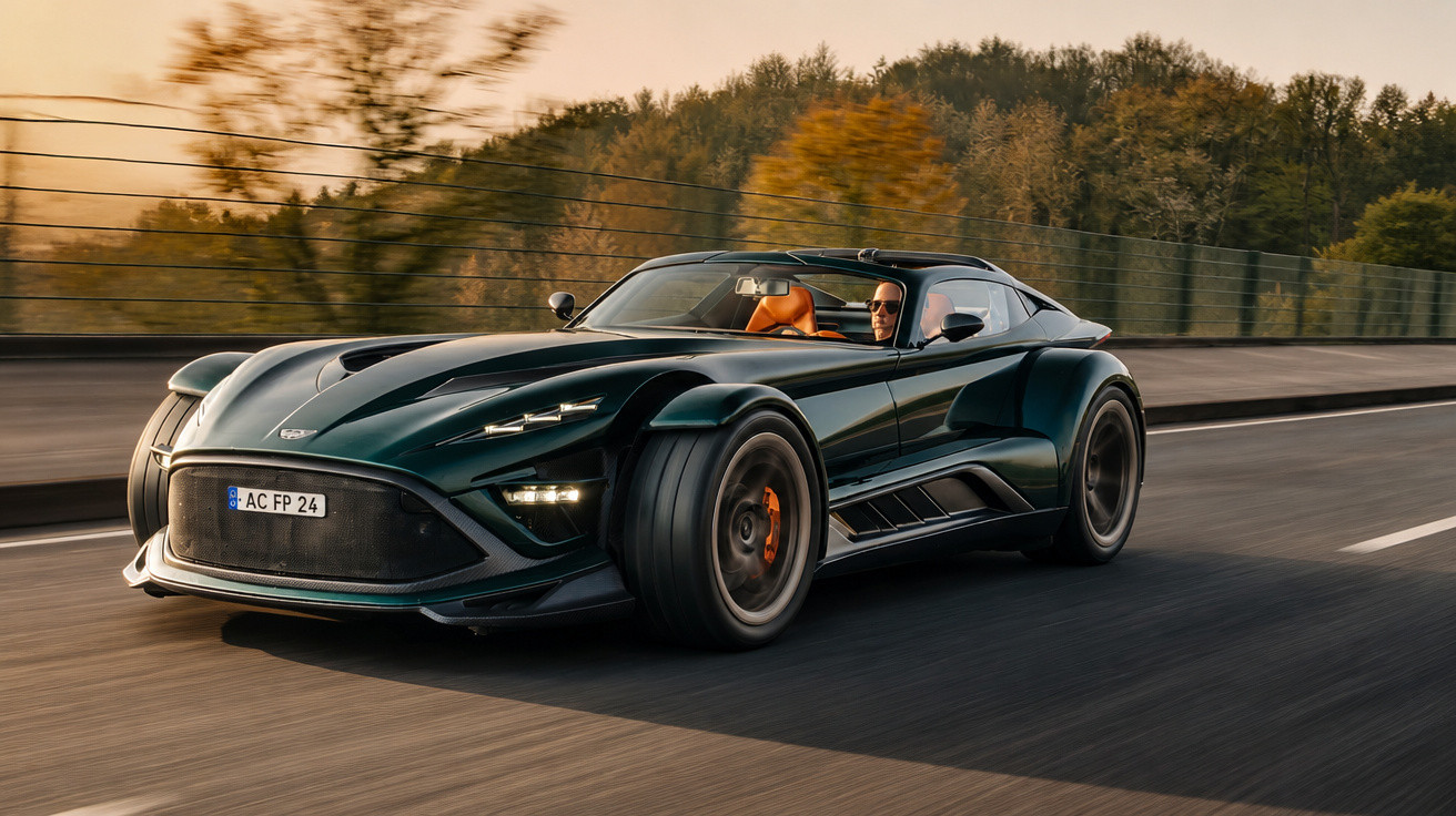 Carro esportivo preto com design futurista dirigindo em estrada com árvores ao fundo e teto solar aberto.