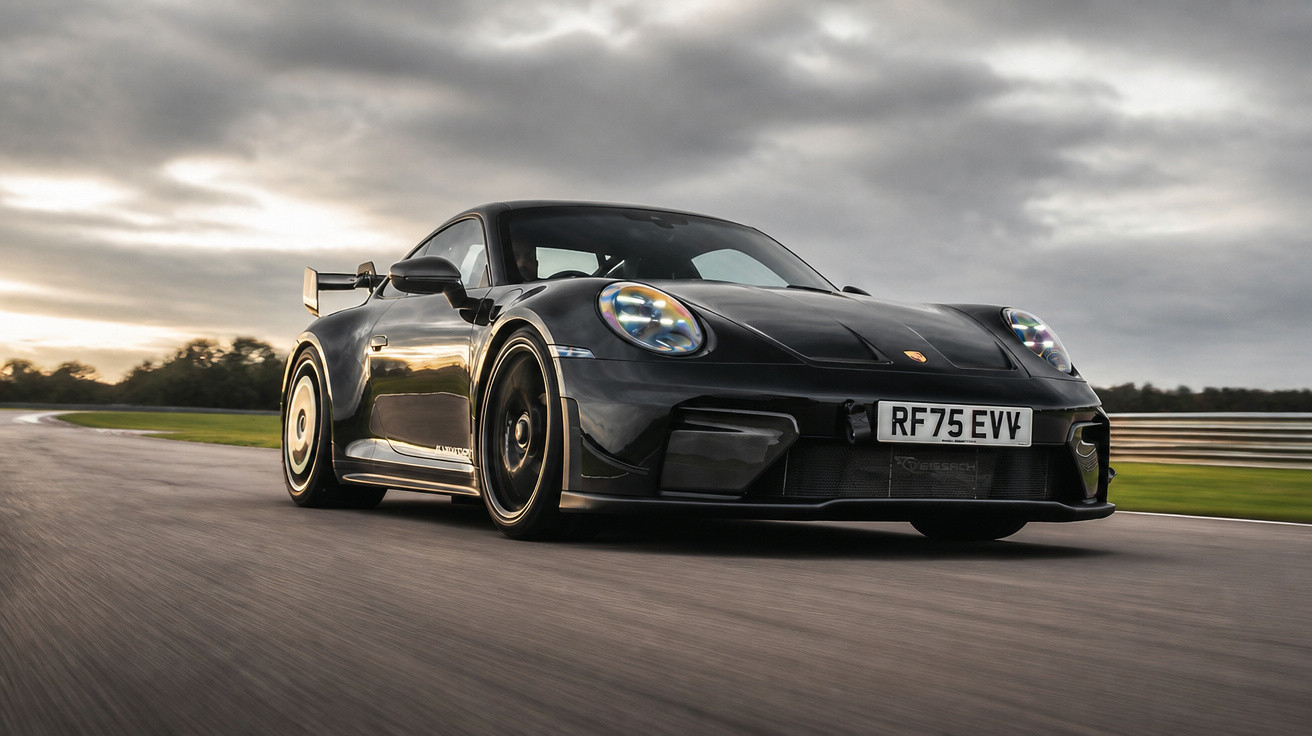 Carro esportivo preto Porsche 911 em alta velocidade em pista sob céu nublado ao entardecer.