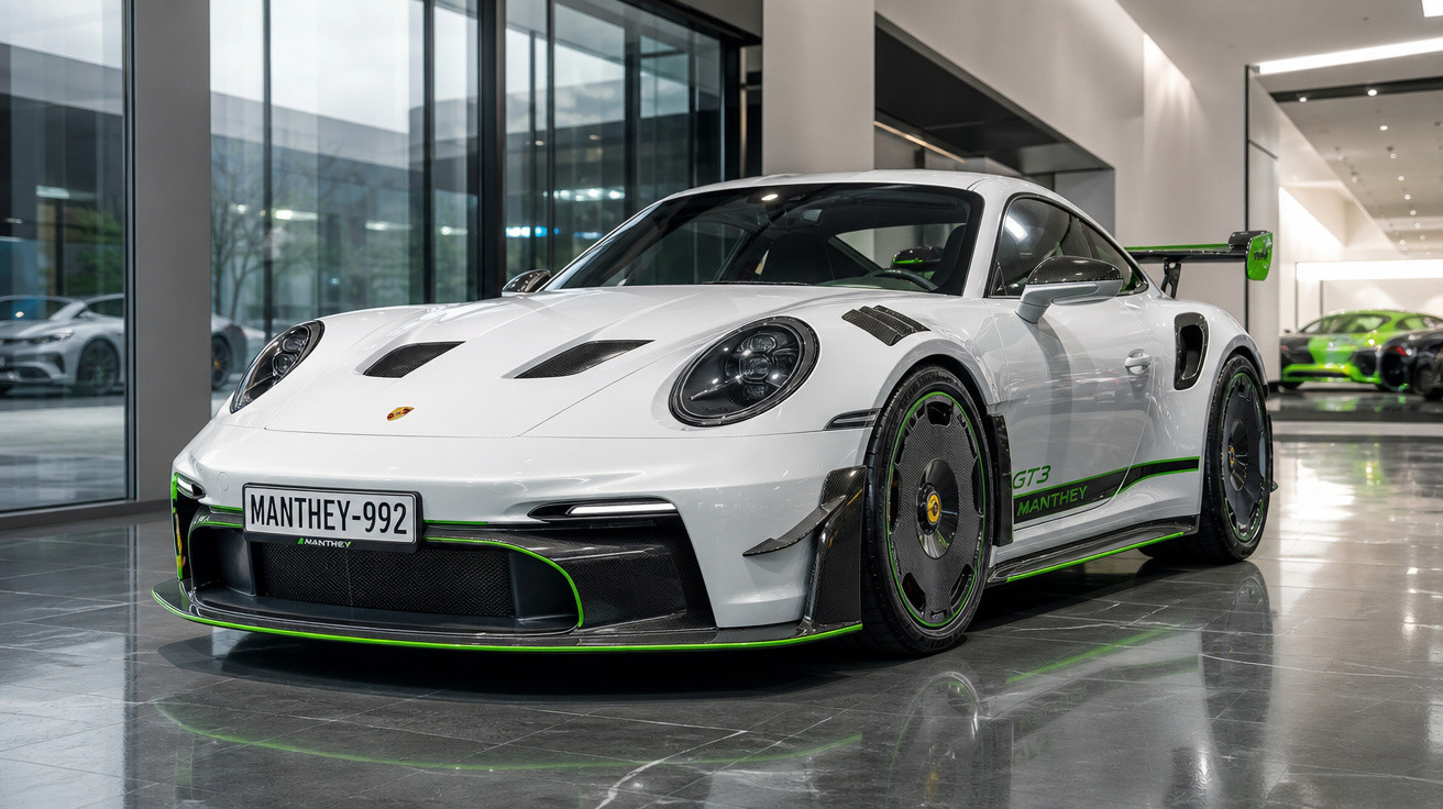 Carro esportivo branco Porsche GT3 Manthey com detalhes em verde exibido em showroom moderno.