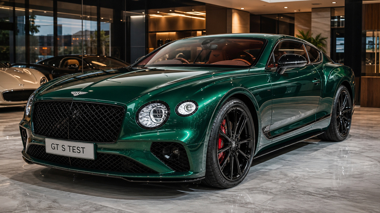 Carro esportivo Bentley GT S verde metálico em showroom com interior marrom e rodas pretas.