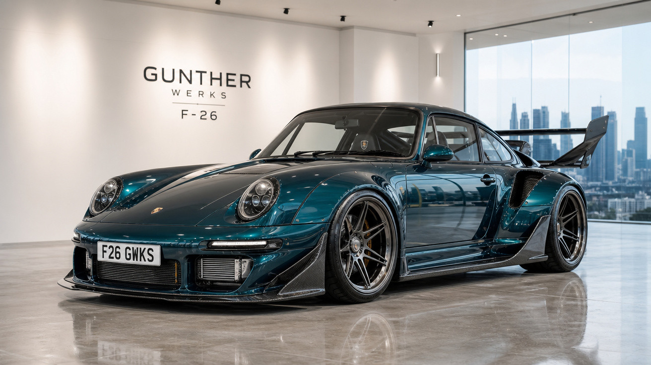 Carro esportivo azul metálico Gunther Werks F-26 estacionado em showroom com chão refletivo.