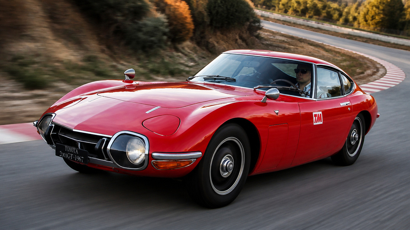 Carro esportivo clássico Toyota 2000GT vermelho dirigido em uma pista curva rodeada por vegetação.