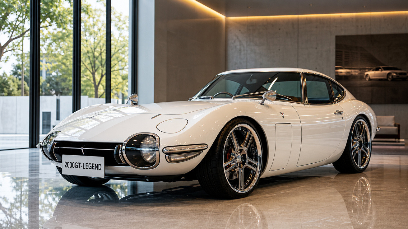 Carro esportivo branco clássico 2000GT-Legend exibido em showroom moderno com chão espelhado.
