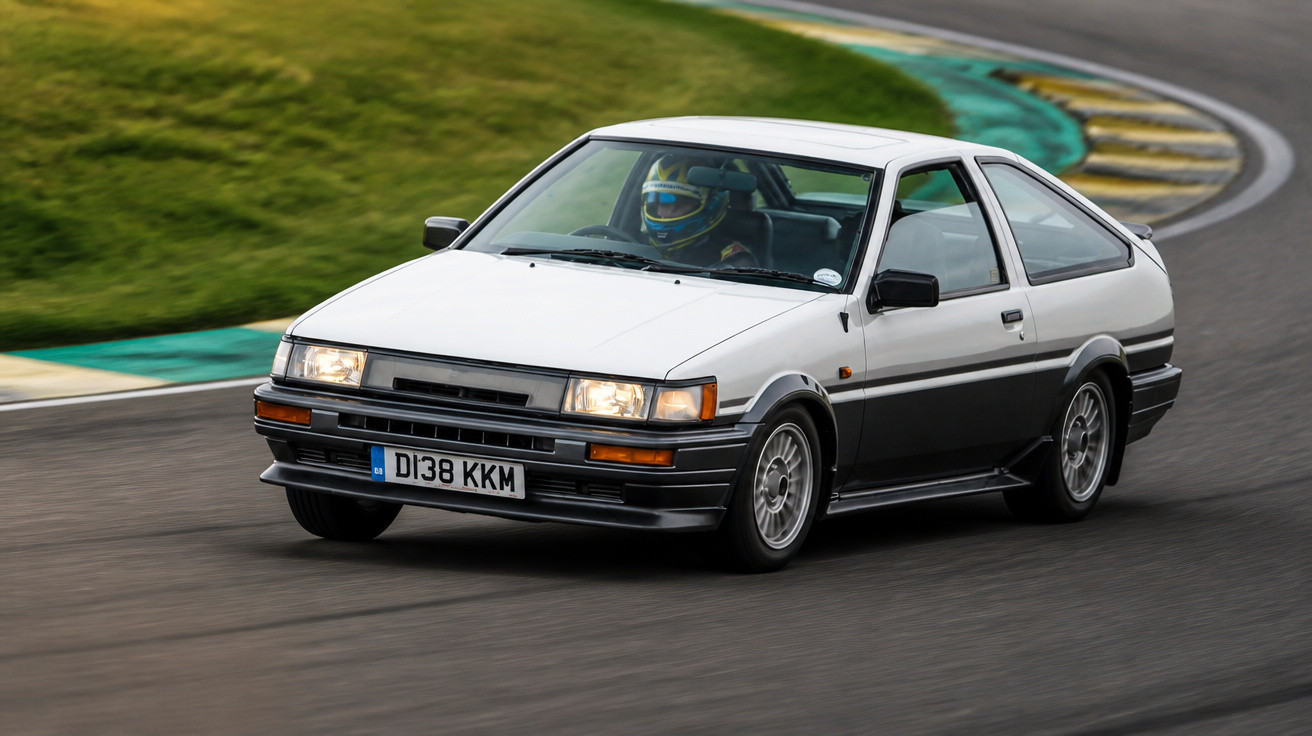 Carro esportivo branco e preto com motorista usando capacete em curva de pista de corrida.