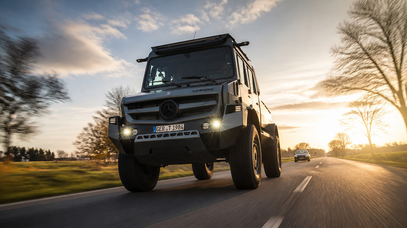 Caminhão Mercedes-Benz Unimog cinza dirigindo em estrada ao entardecer com céu parcialmente nublado.