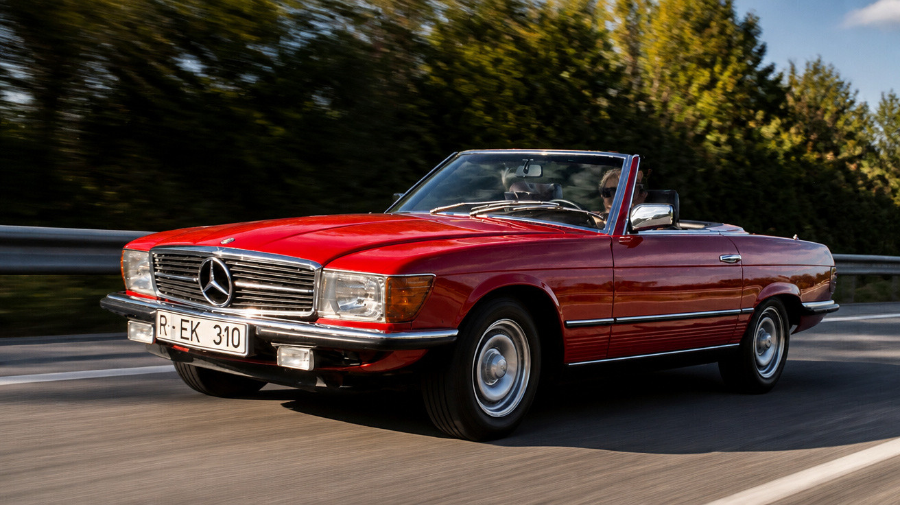 Carro conversível vermelho clássico Mercedes-Benz em estrada com árvores ao fundo.