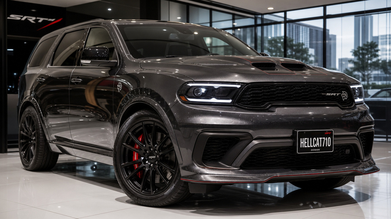 SUV esportivo preto Dodge Durango SRT Hellcat com rodas pretas e freios vermelhos em showroom.