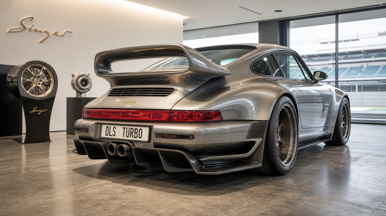 Carro esportivo Porsche prata modelo turbo exibido em showroom moderno com pneus largos e aerofólio traseiro.