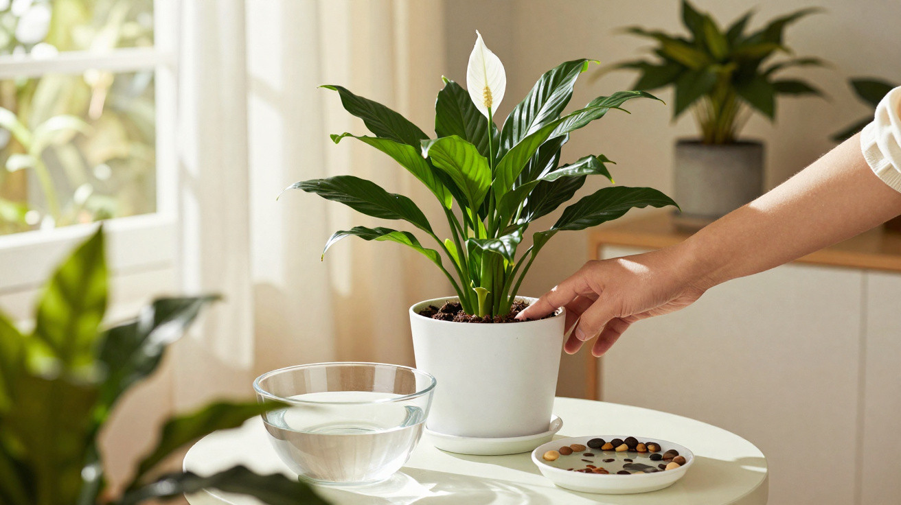 Pessoa cuidando de planta com flor branca em vaso branco sobre mesa com água e pedras decorativas.