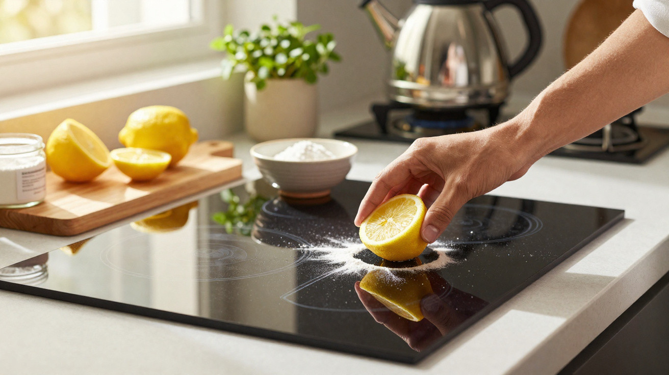 Pessoa esfregando metade de um limão com bicarbonato de sódio sobre cooktop preto para limpeza.