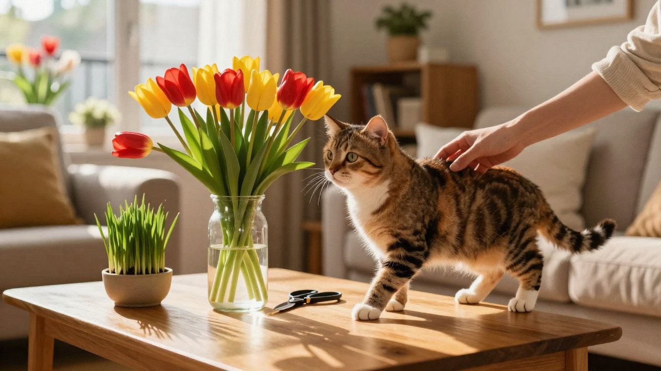 Gato marrom listrado sendo acariciado em mesa com vaso de tulipas vermelhas e amarelas em sala iluminada.