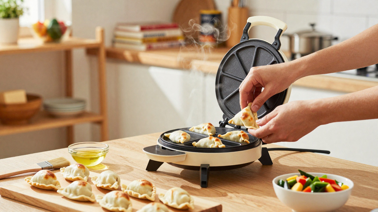 Mãos retirando empanadas assadas de máquina elétrica, com outras empanadas e um prato de legumes ao lado.
