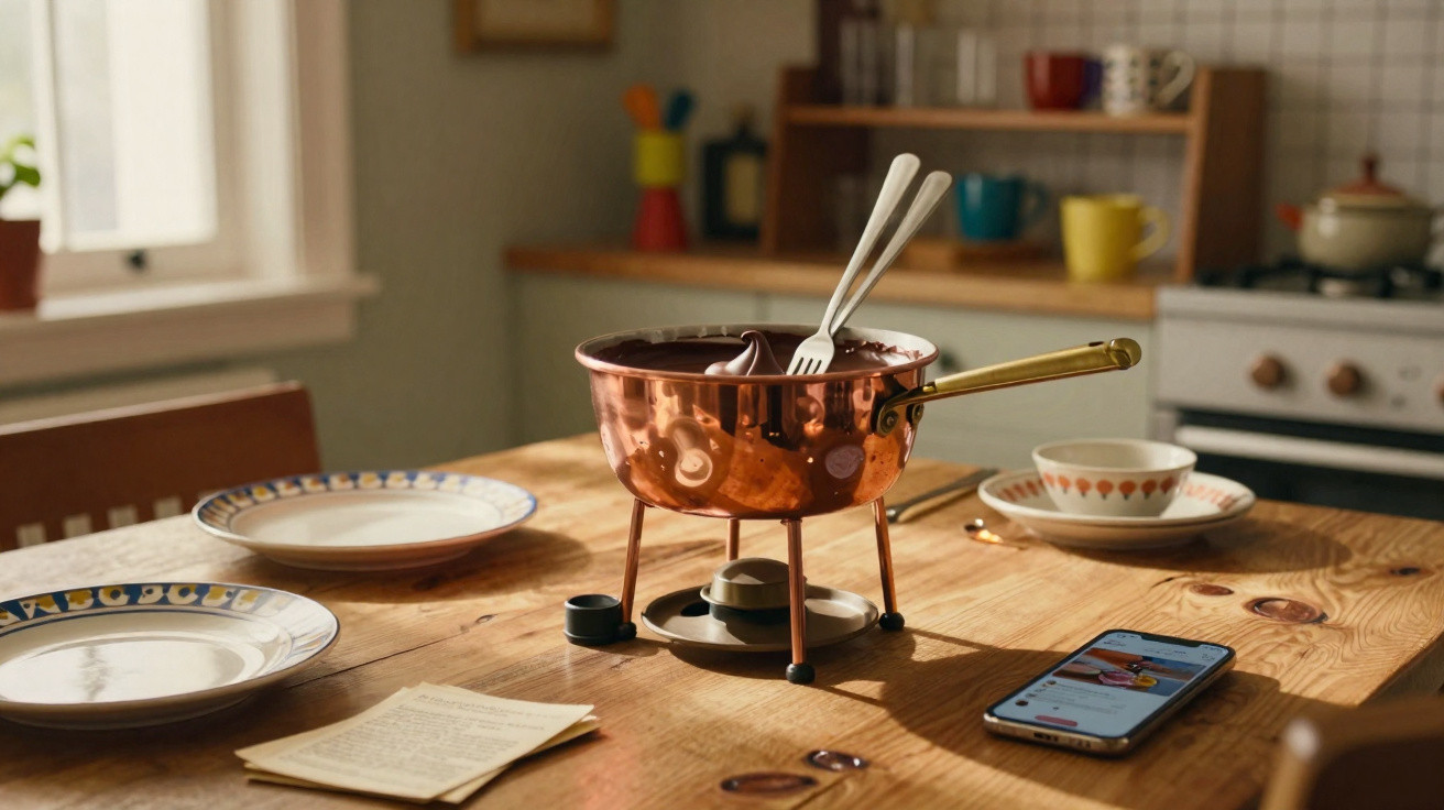Panela de fondue de chocolate com garfos sobre mesa de madeira com pratos, livro e celular.